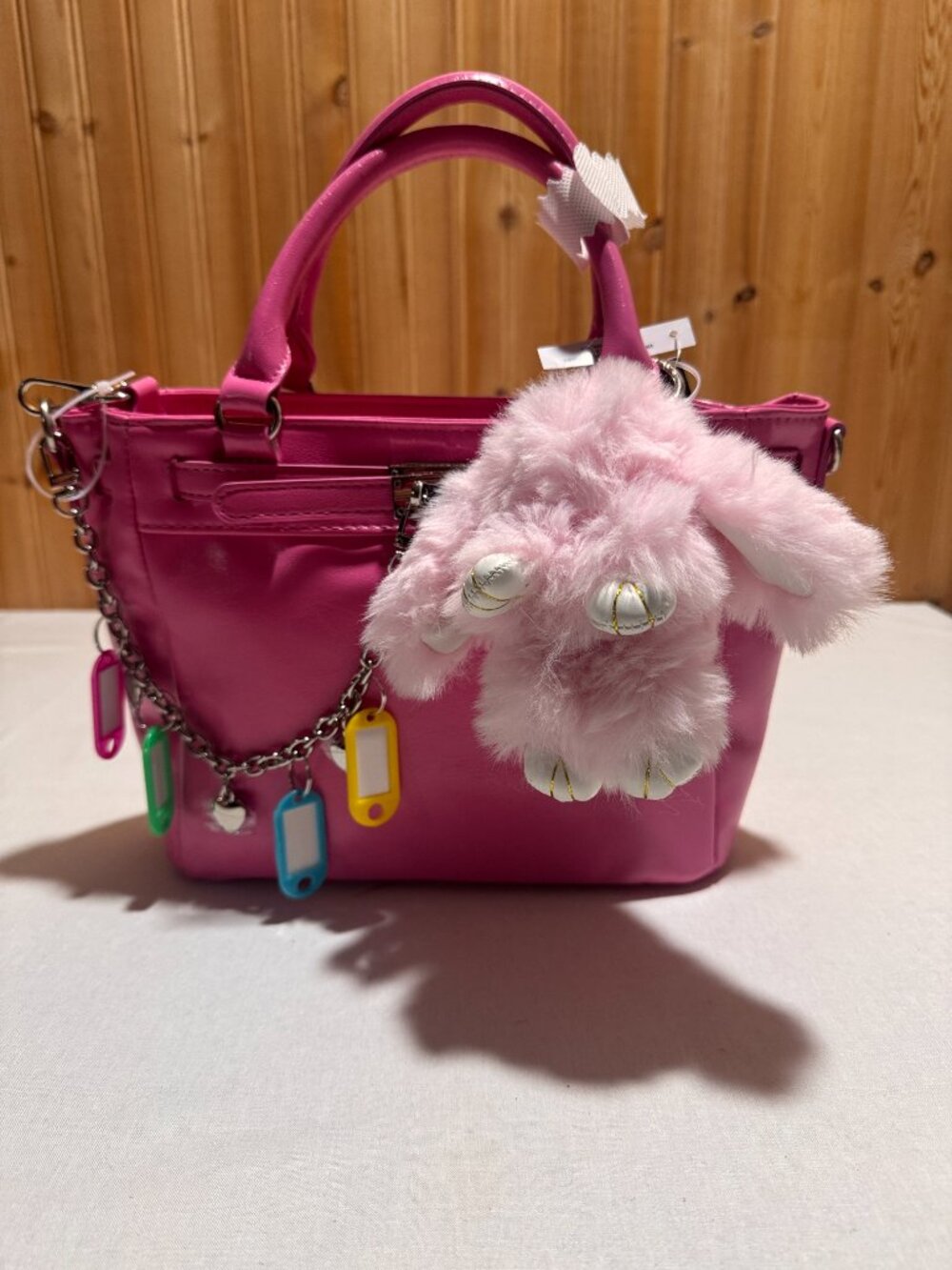NWT Madden NYC Pink Satchel Crossbody Handbag Fluffy Bunny Plush Charm New